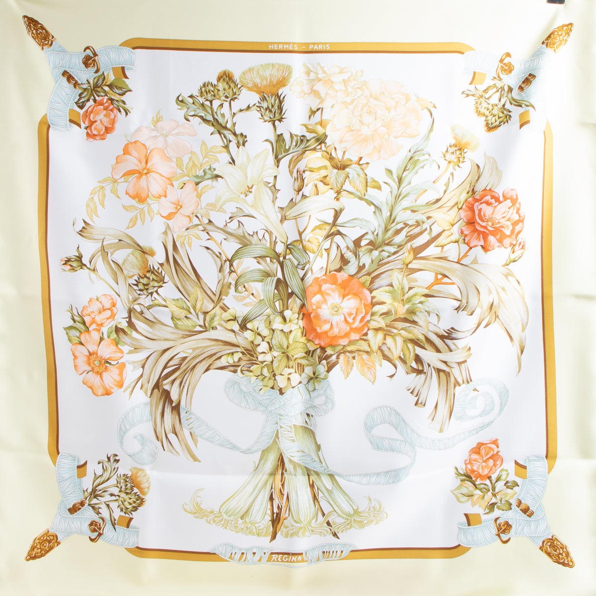 Shop the authentic Hermès Yellow Silk Regina Carré 90 Scarf on Labellov.com.