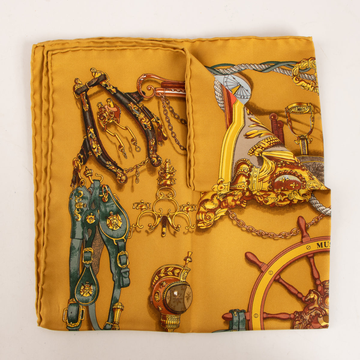 Shop this authentic Hermès Musée Gold Silk Gavroche 45 Scarf pre-loved on Labellov.com