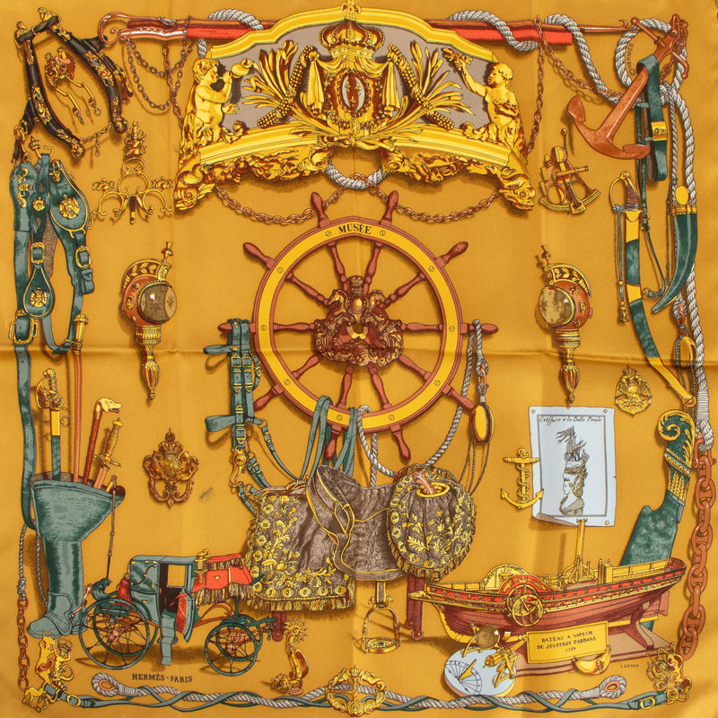 Shop this authentic Hermès Musée Gold Silk Gavroche 45 Scarf pre-loved on Labellov.com