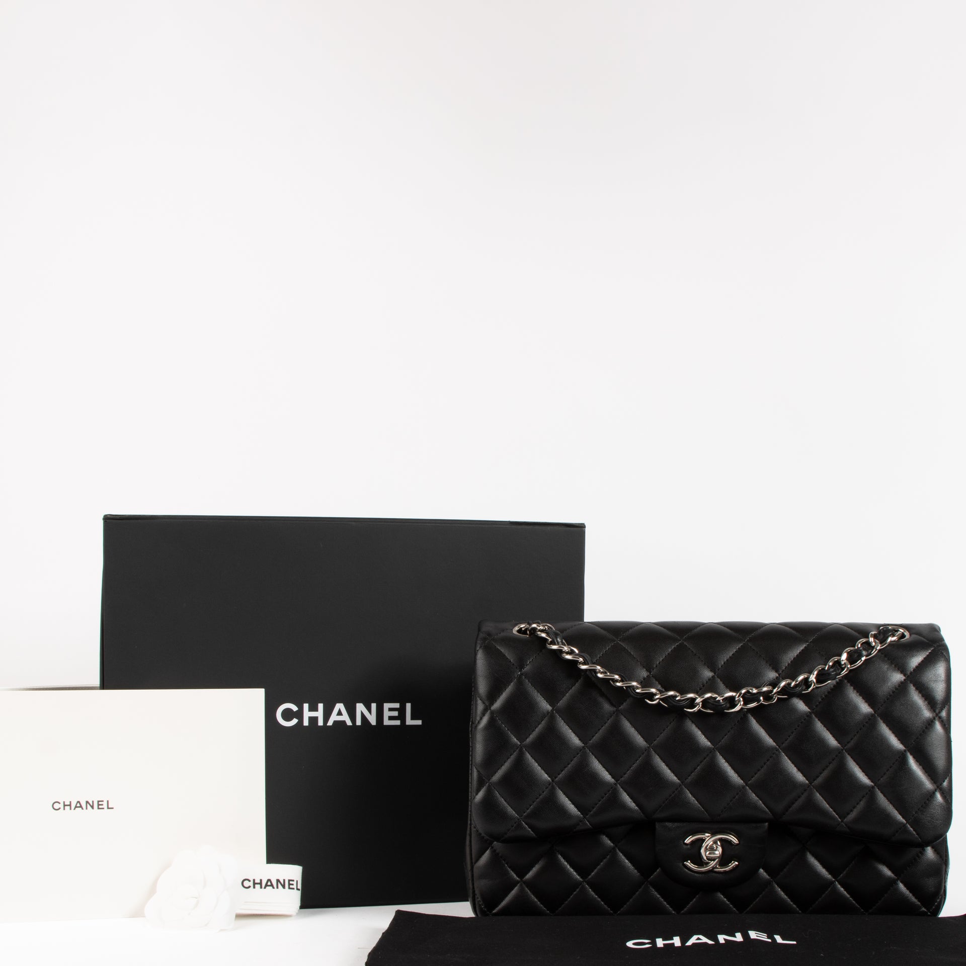 Chanel Black Lambskin Jumbo/Large Classic Bag