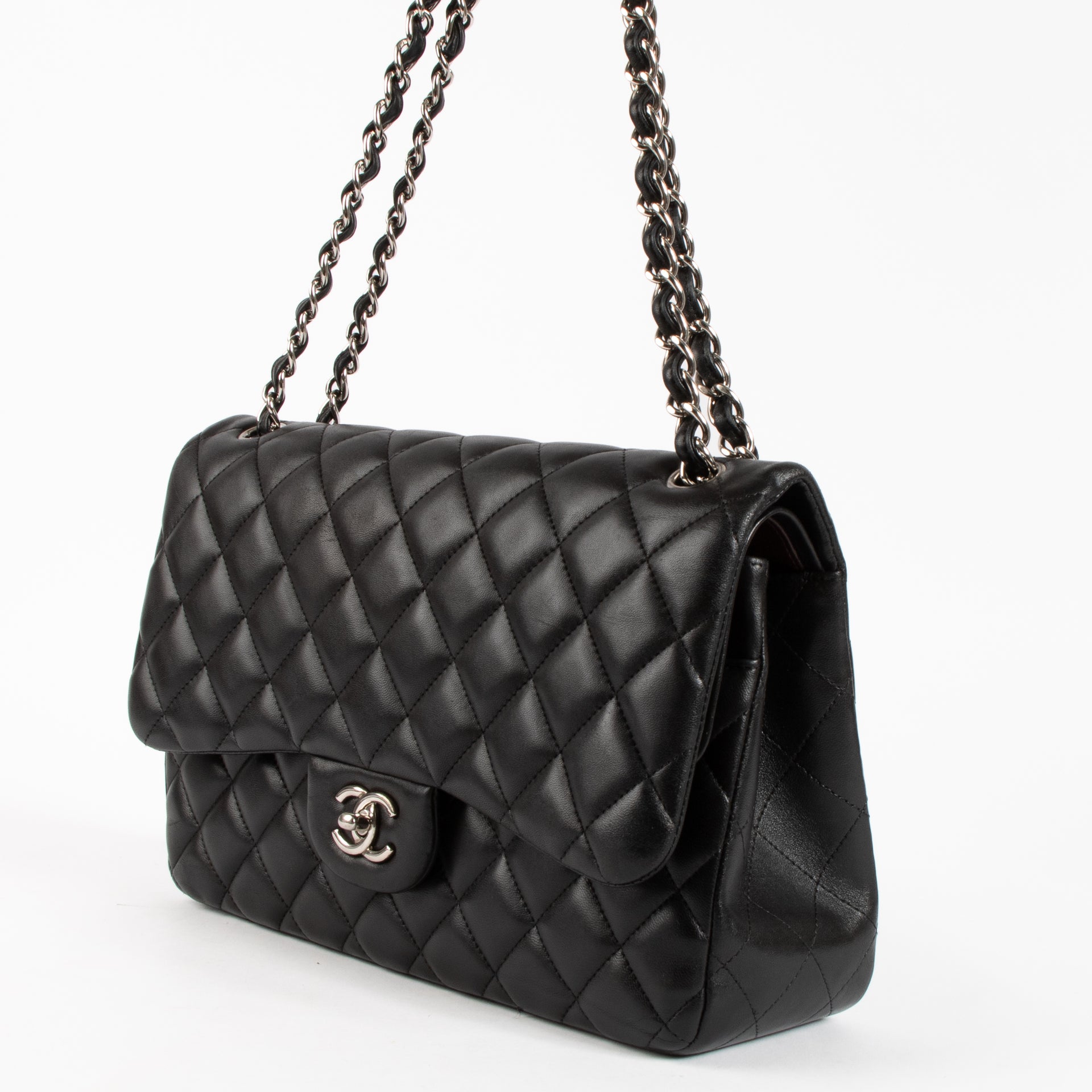 Chanel Black Lambskin Jumbo/Large Classic Bag