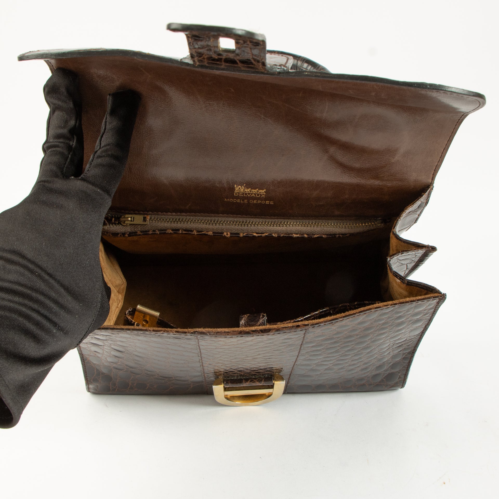 Delvaux Vintage Brown Shiny Crocodile Brillant MM Bag