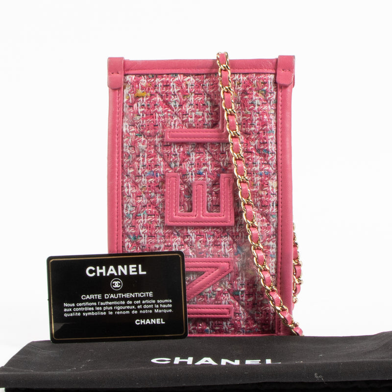 Shop authentic Chanel Pink Tweed PVC Phone Pouch with Chain on Labellov.com.
