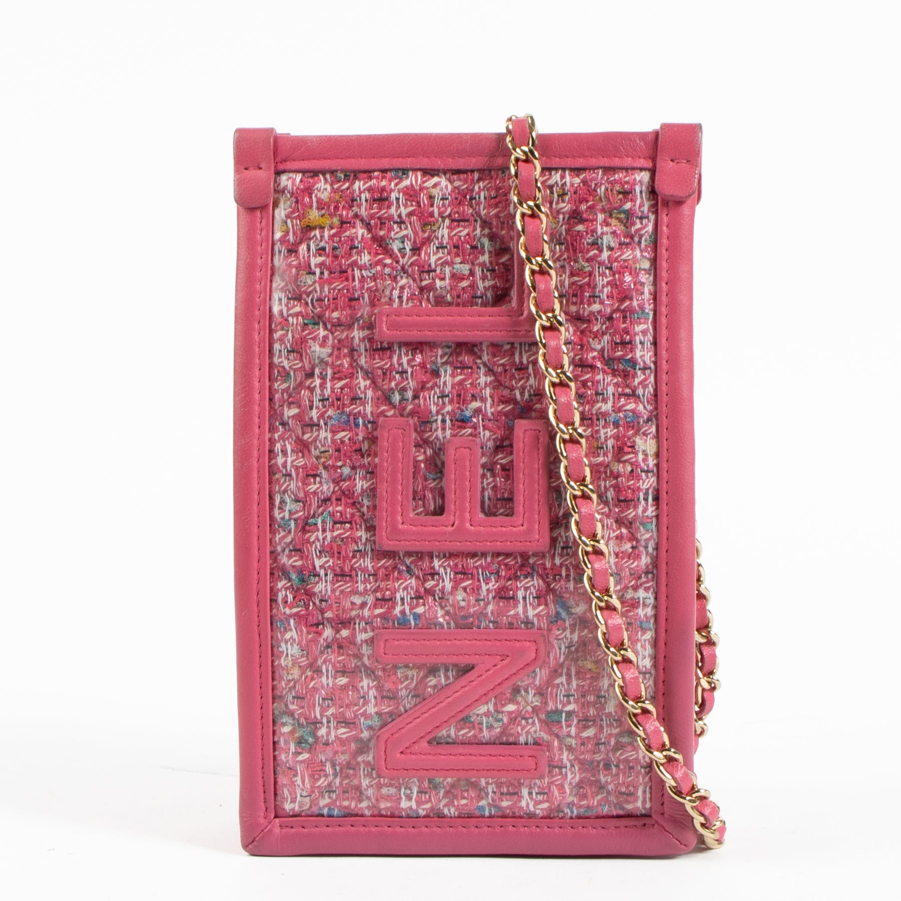 Shop authentic Chanel Pink Tweed PVC Phone Pouch with Chain on Labellov.com.
