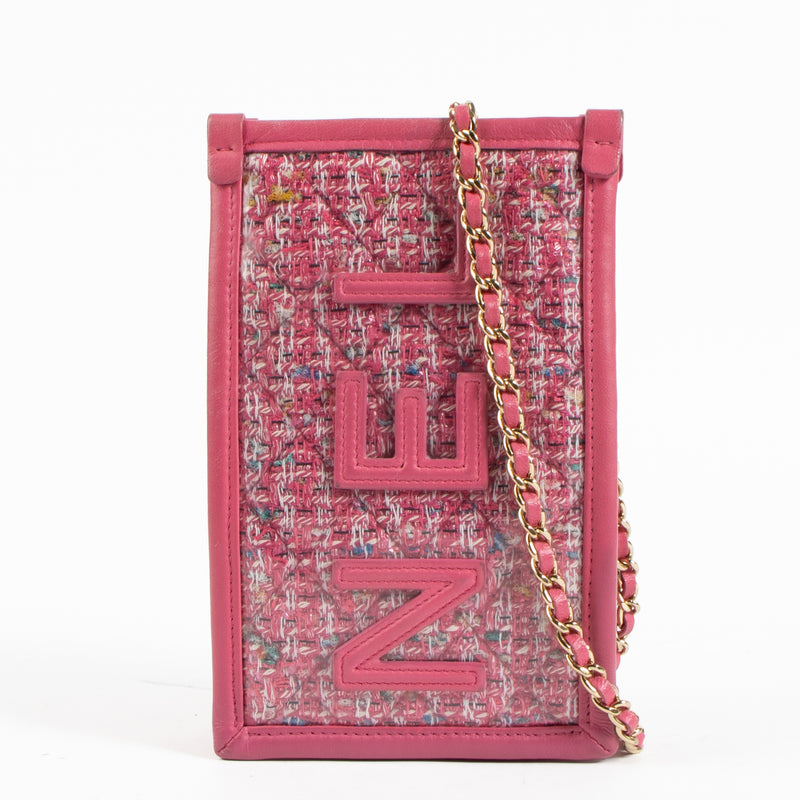 Shop authentic Chanel Pink Tweed PVC Phone Pouch with Chain on Labellov.com.
