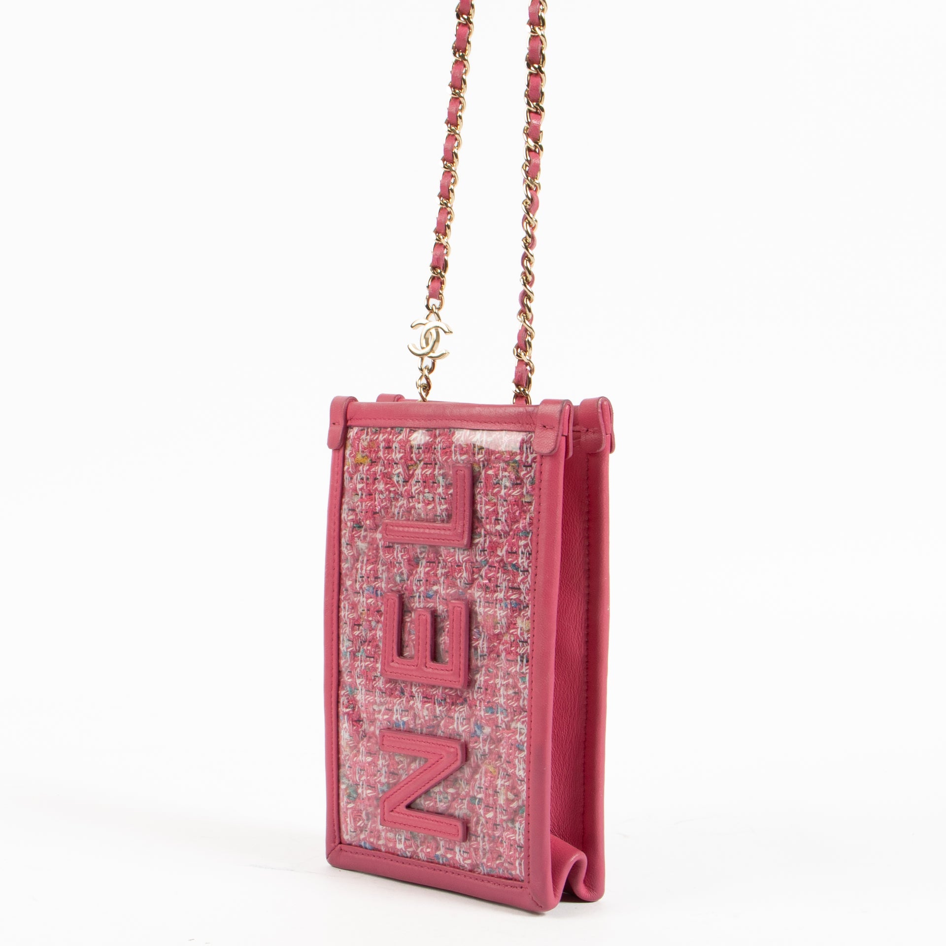 Shop authentic Chanel Pink Tweed PVC Phone Pouch with Chain on Labellov.com.