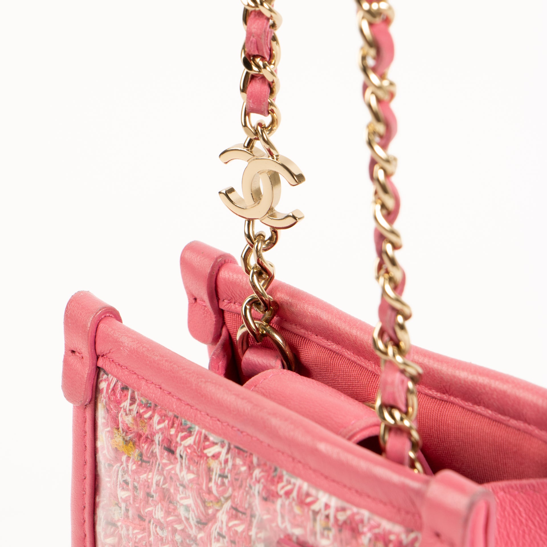 Shop authentic Chanel Pink Tweed PVC Phone Pouch with Chain on Labellov.com