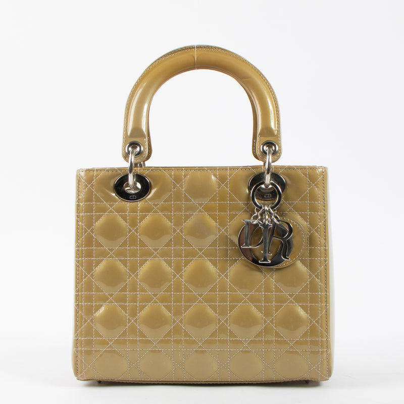 Shop this authentic Dior Beige Patent Leather Medium Lady Dior Bag pre-loved on Labellov.com