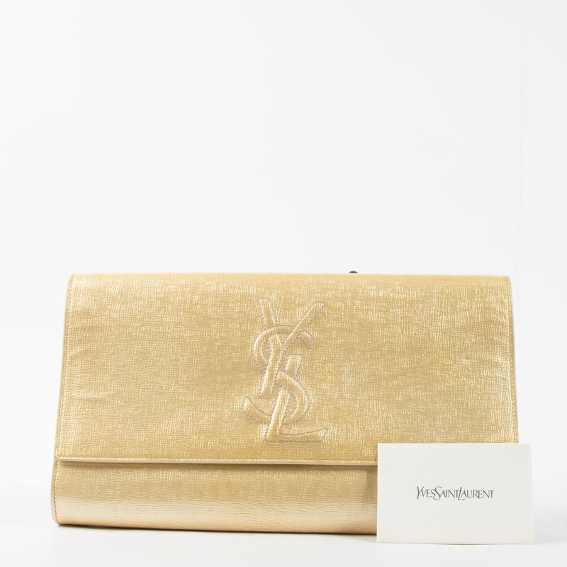 Shop this authentic luxury Saint Laurent Gold Patent Clutch at Labellov.com 