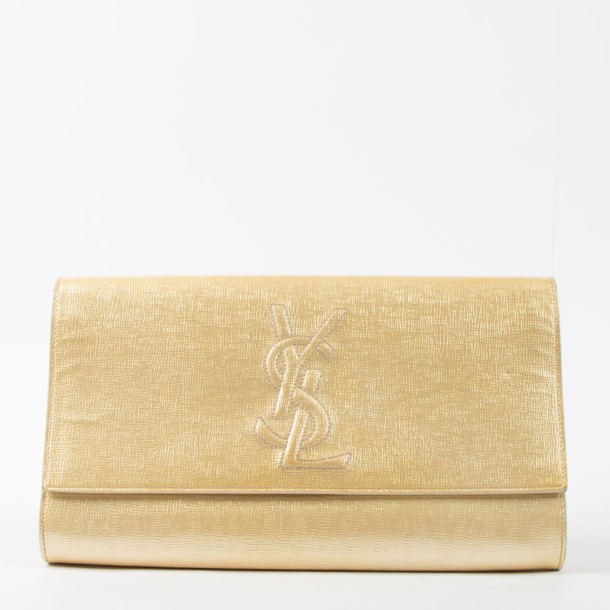 Shop this authentic luxury Saint Laurent Gold Patent Clutch at Labellov.com 