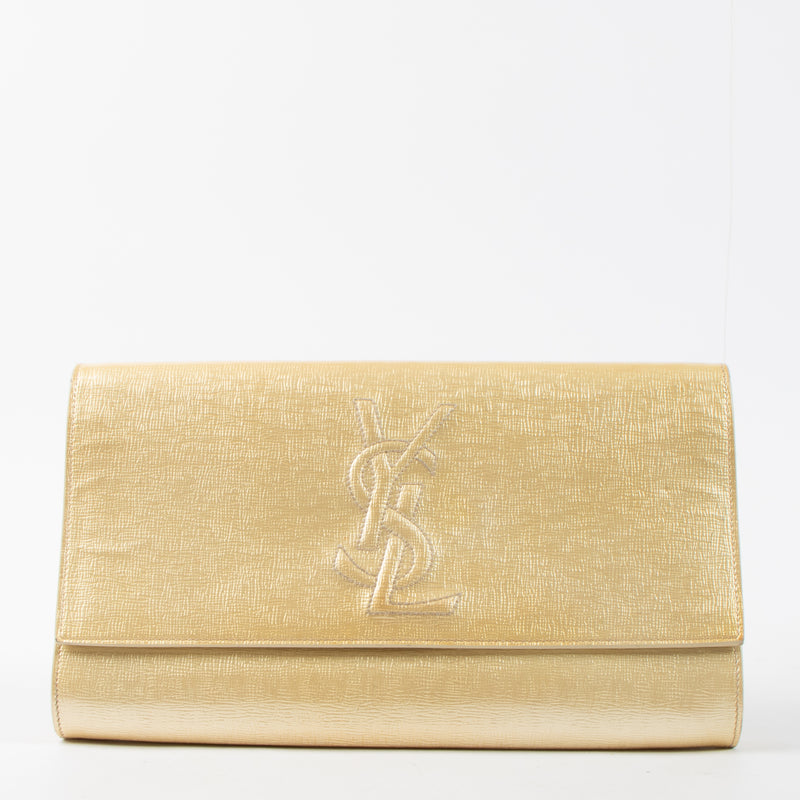 Shop this authentic luxury Saint Laurent Gold Patent Clutch at Labellov.com 