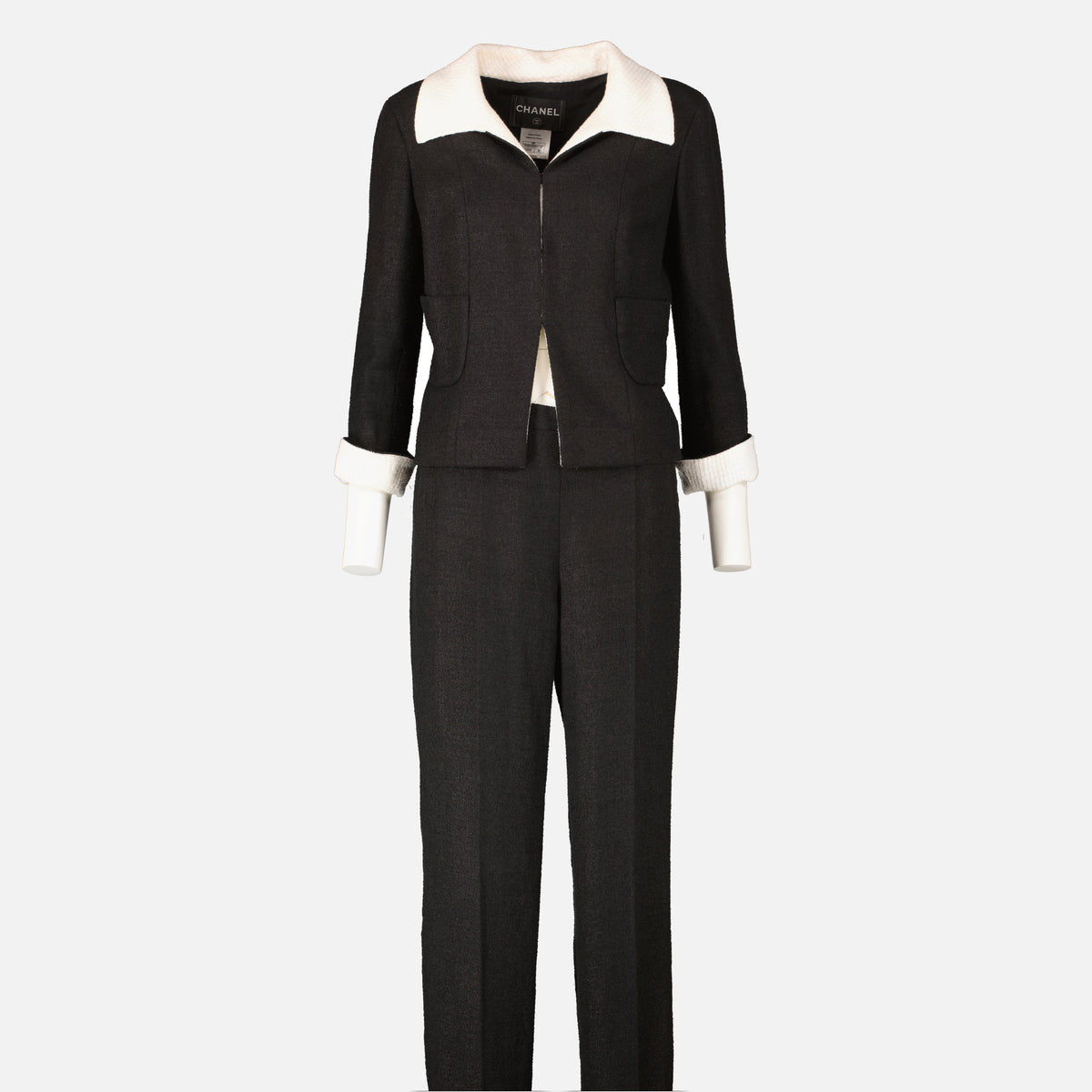 Shop this authentic luxury chanel 09P black Tweed Jacket/Skirt/Trousers Set pre-loved by Labellov.com