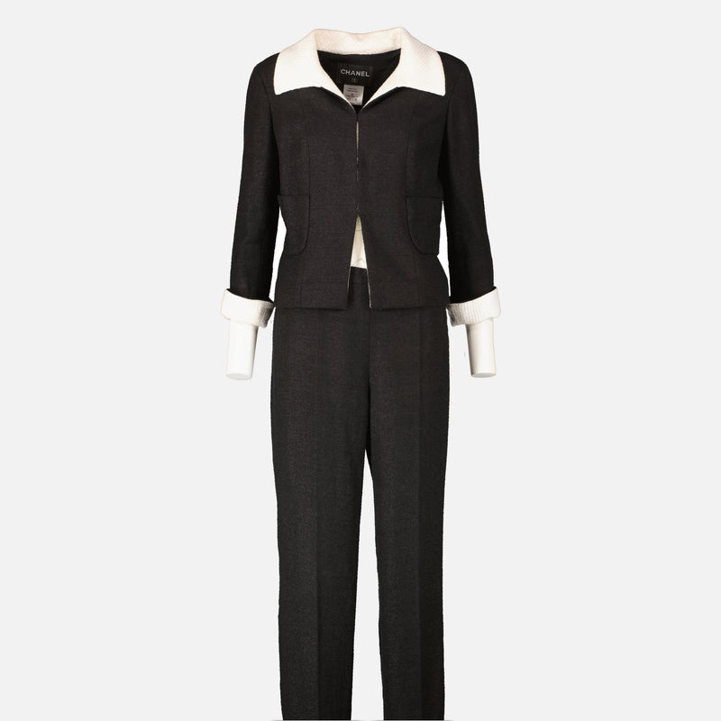 Shop this authentic luxury chanel 09P black Tweed Jacket/Skirt/Trousers Set pre-loved by Labellov.com