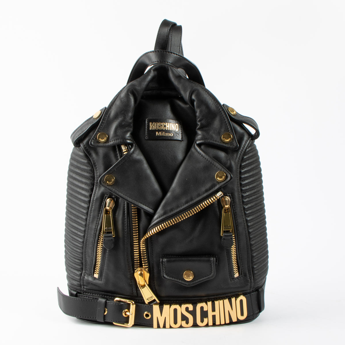 Shop this authentic Moschino Black Biker Jacket Backpackpre-loved on Labellov.com