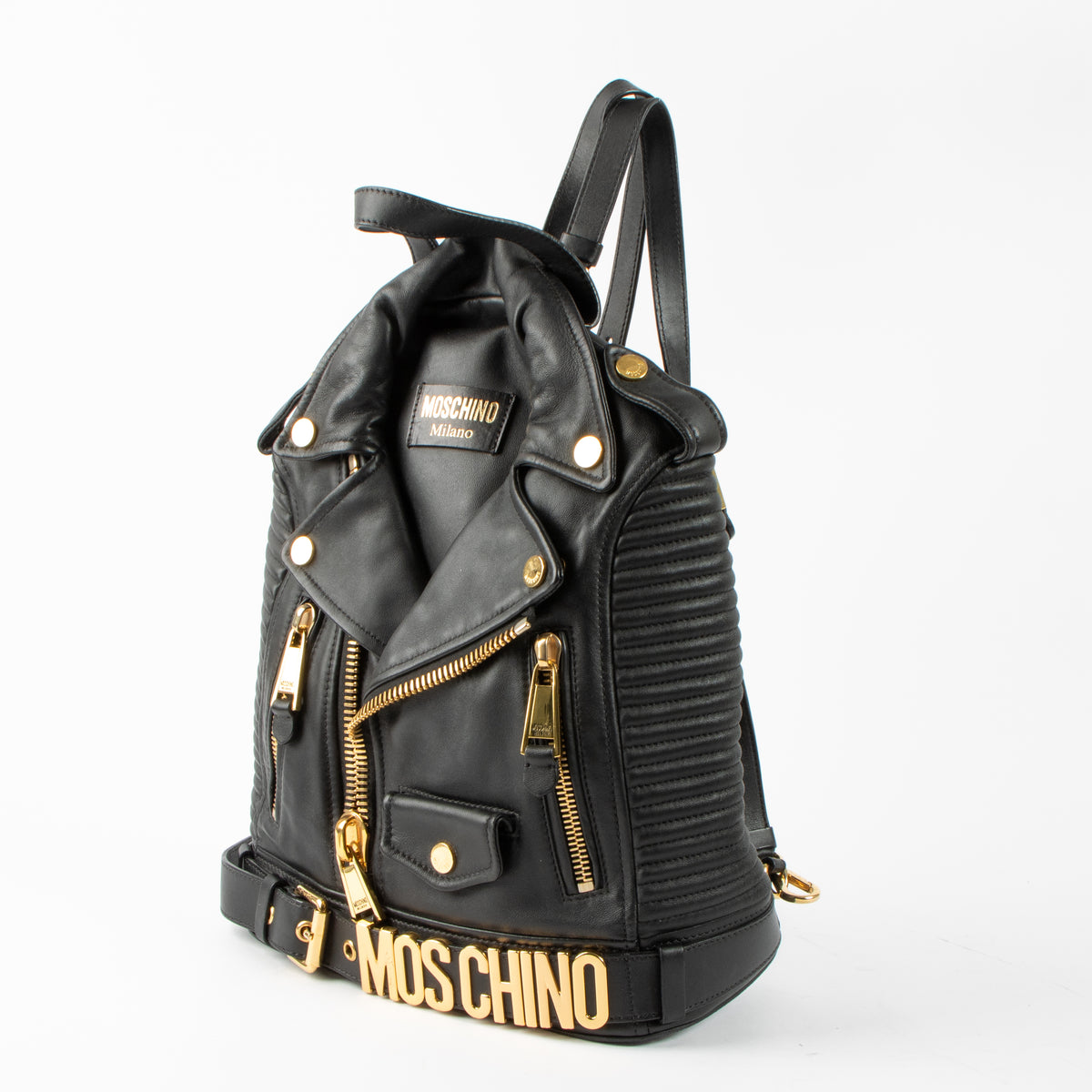 Shop this authentic Moschino Black Biker Jacket Backpackpre-loved on Labellov.com