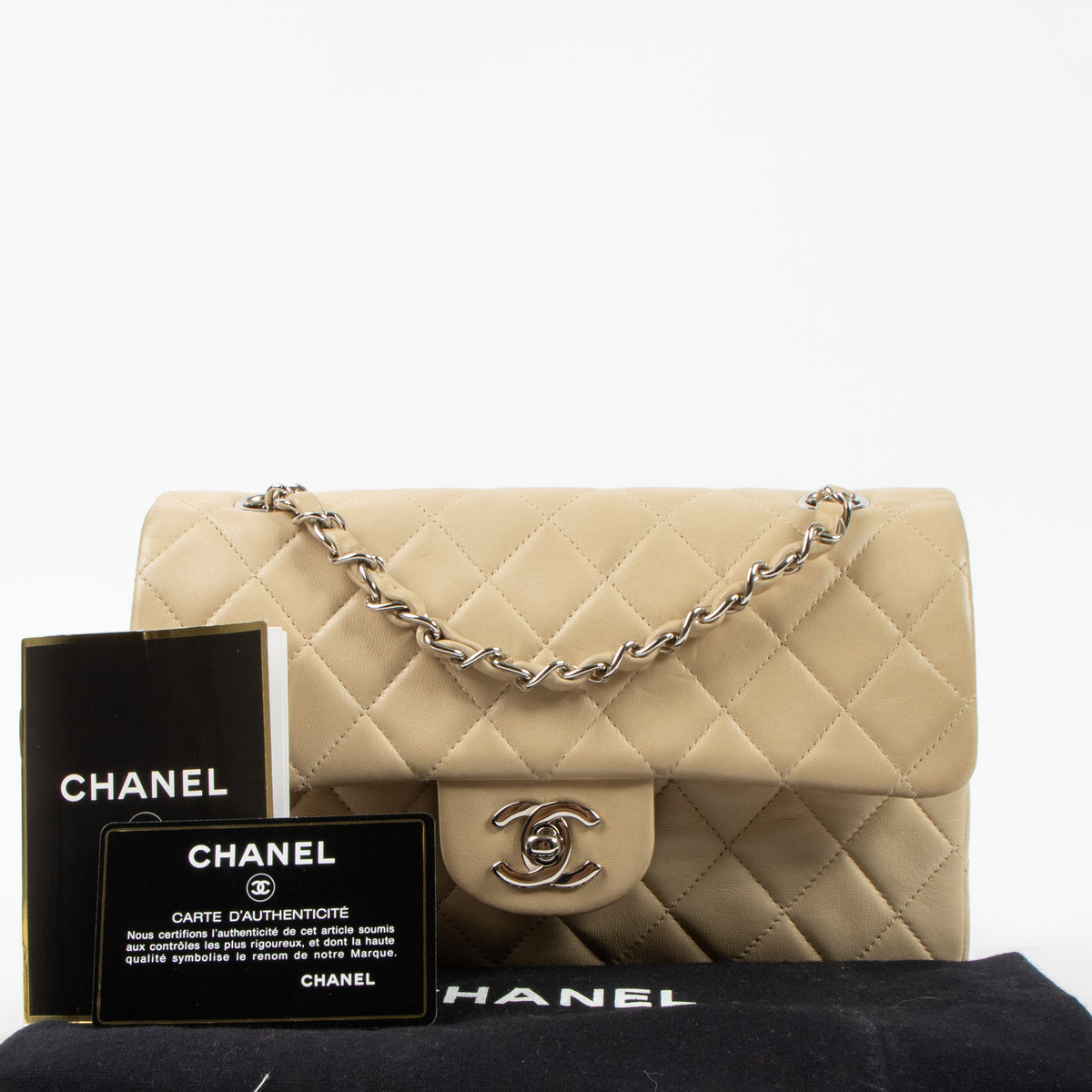 Shop the authentic Chanel Beige Lambskin Small Classic Bag second hand on Labellov.com!
