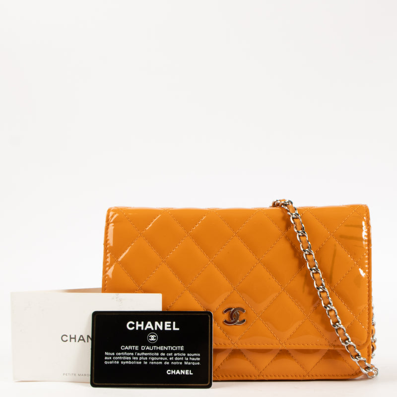 Shop this authentic Chanel Orange Patent Leather Classic Wallet On Chain Pre-Loved on Labellov.com