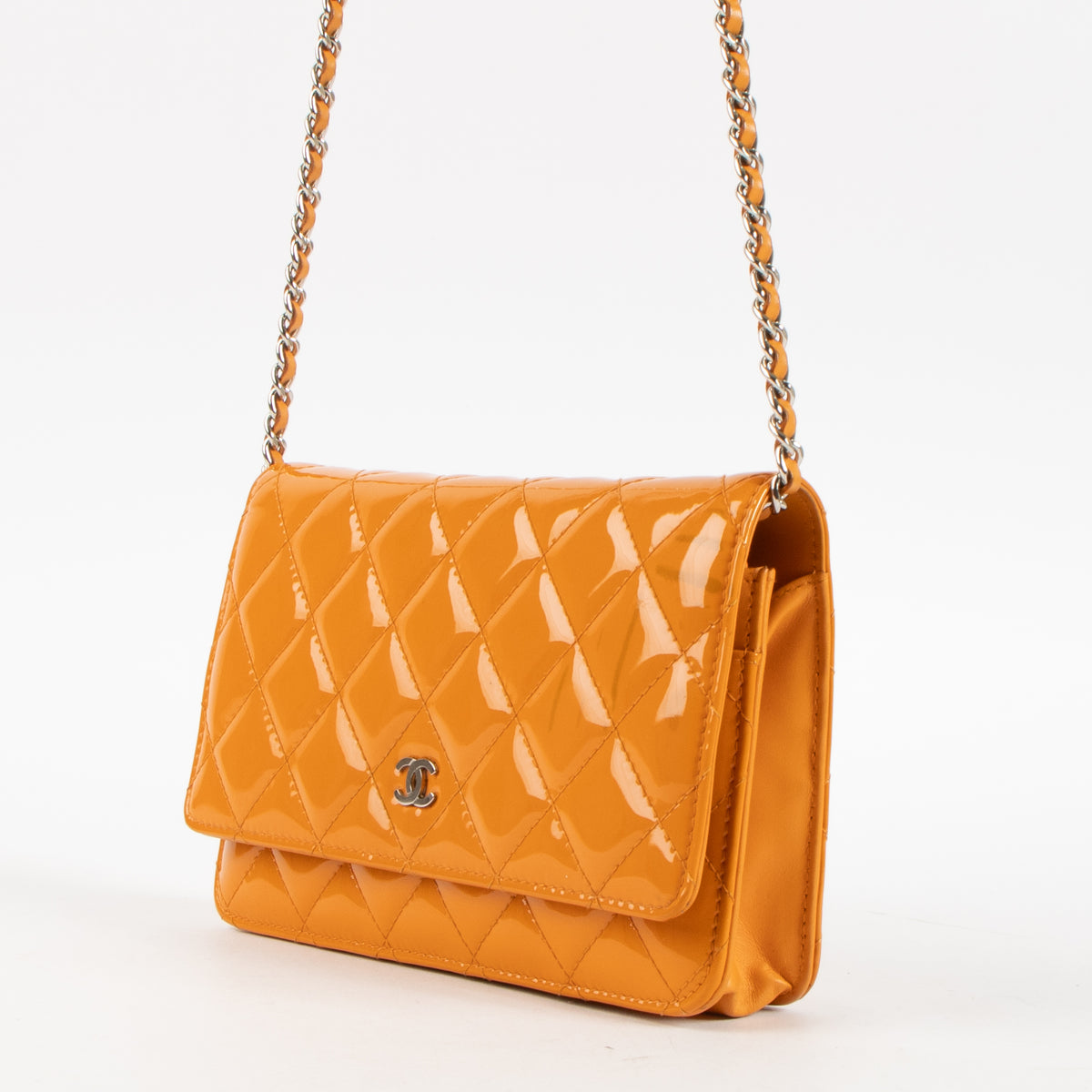 Shop this authentic Chanel Orange Patent Leather Classic Wallet On Chain Pre-Loved on Labellov.com