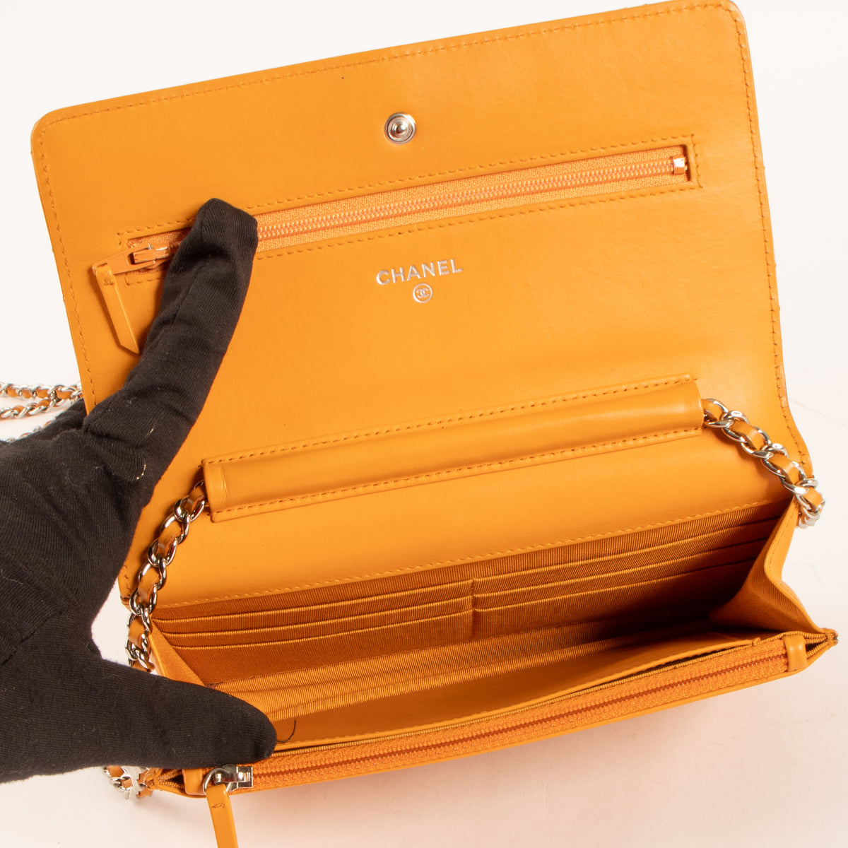 Shop this authentic Chanel Orange Patent Leather Classic Wallet On Chain Pre-Loved on Labellov.com