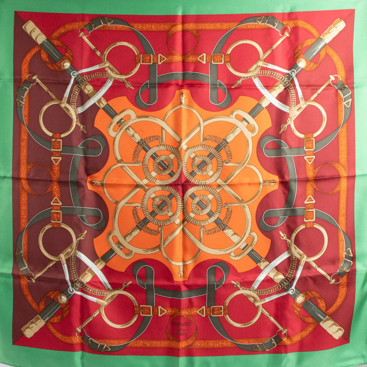 Shop this authentic Hermes fellier Paris Green Silk Eperon d'Or 90 Scarf Pre-Loved on Labellov.com