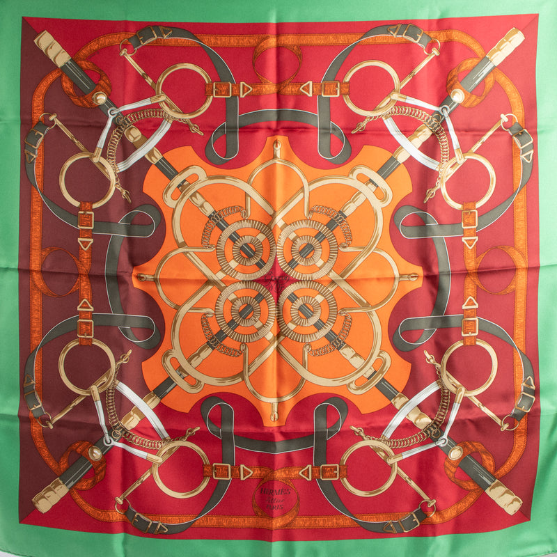 Shop this authentic Hermes fellier Paris Green Silk Eperon d'Or 90 Scarf Pre-Loved on Labellov.com