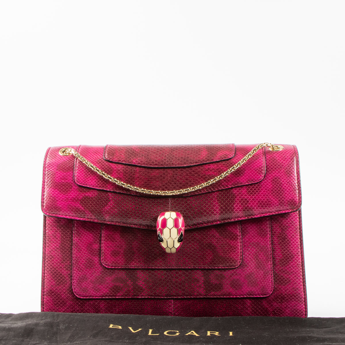 Shop this authentic Bulgari Fuchsia Karung Snakeskin Medium Serpenti Forever Bag pre-loved on Labellov.com