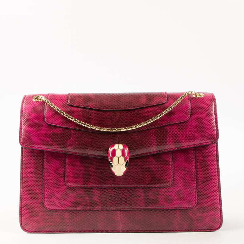 Shop this authentic Bulgari Fuchsia Karung Snakeskin Medium Serpenti Forever Bag pre-loved on Labellov.com