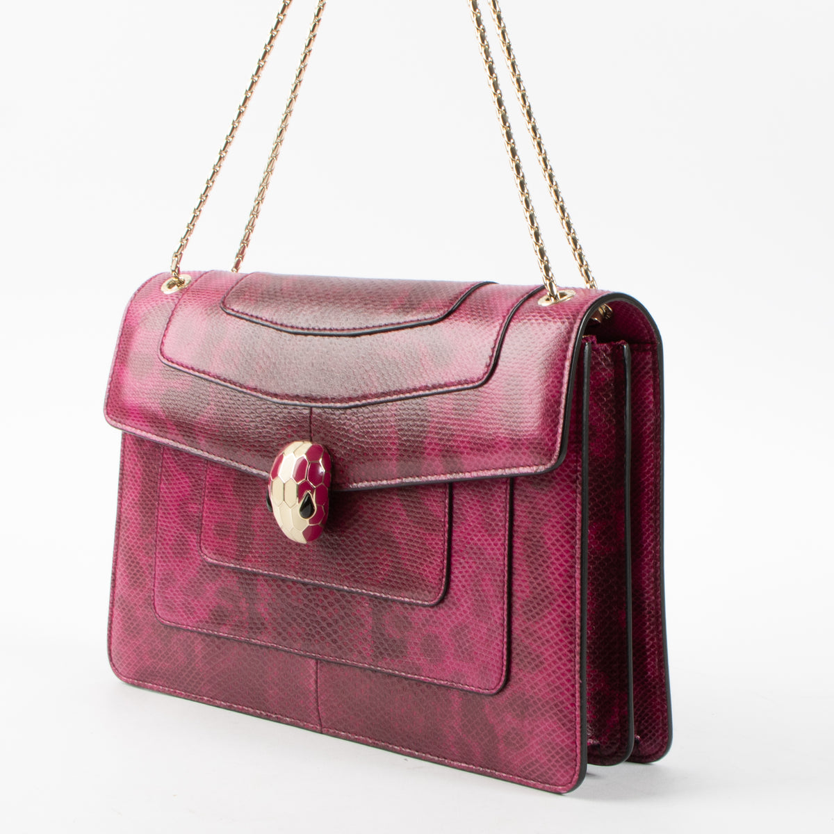 Shop this authentic Bulgari Fuchsia Karung Snakeskin Medium Serpenti Forever Bag pre-loved on Labellov.com