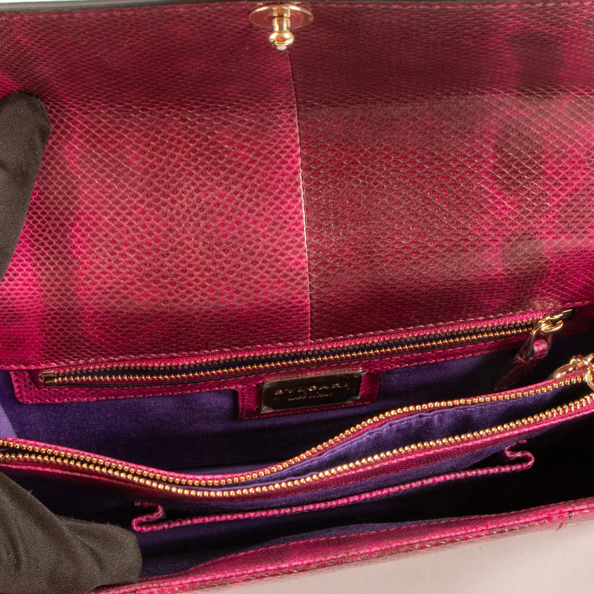 Shop this authentic Bulgari Fuchsia Karung Snakeskin Medium Serpenti Forever Bag pre-loved on Labellov.com