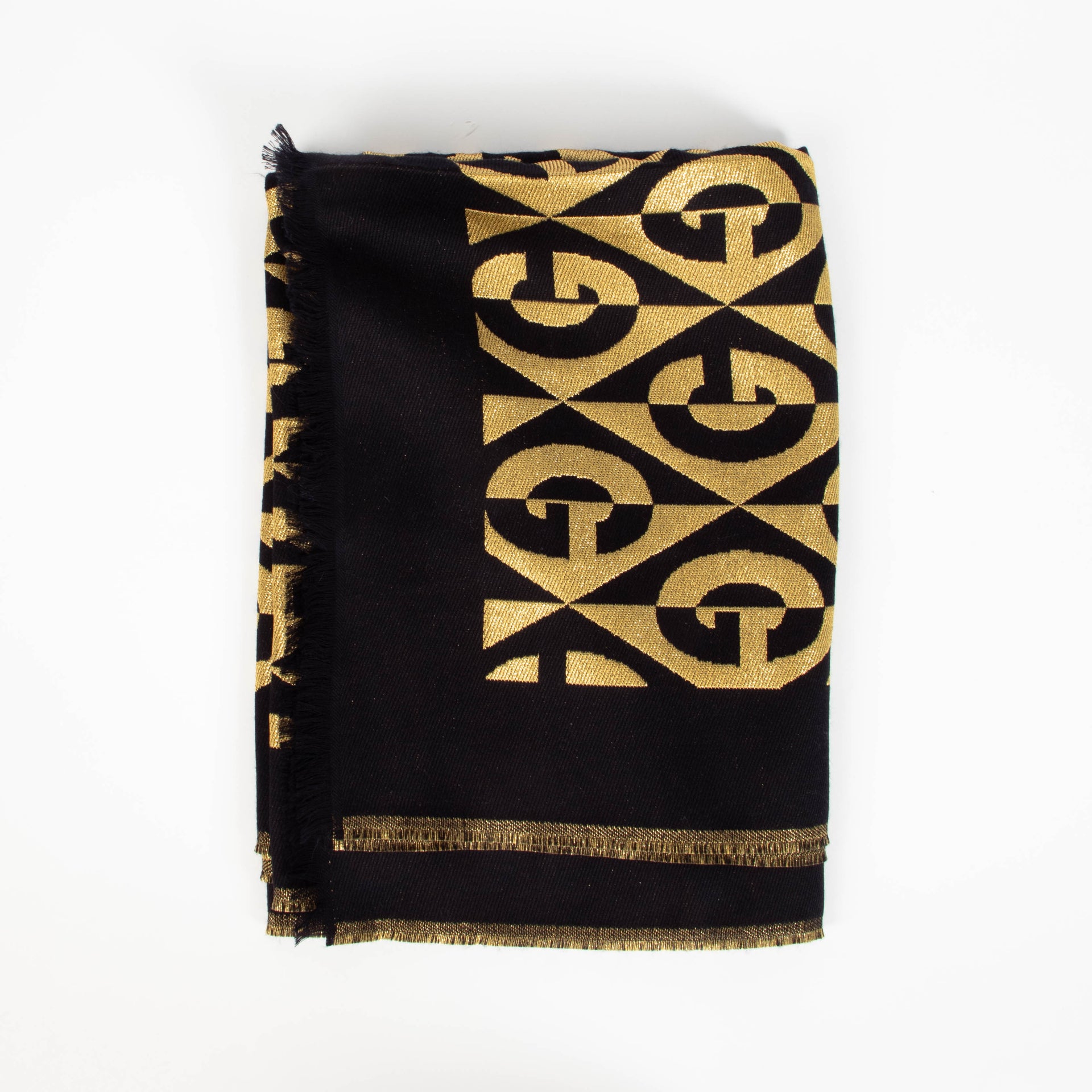 Gucci Black/Gold G Rhombus Lamé Wool Jacquard Stole Scarf