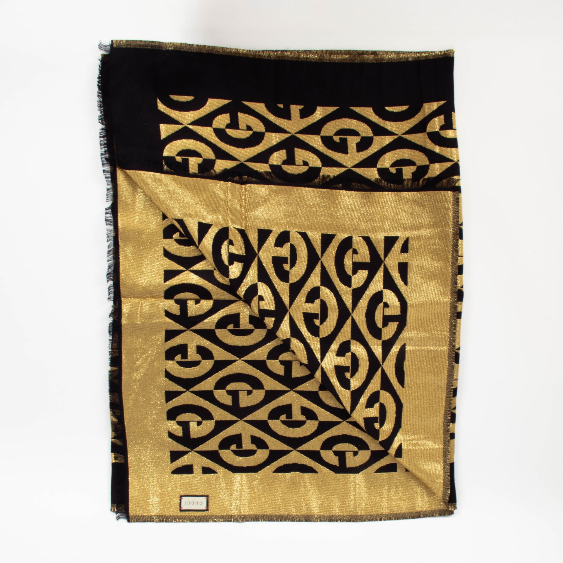 Gucci Black/Gold G Rhombus Lamé Wool Jacquard Stole Scarf