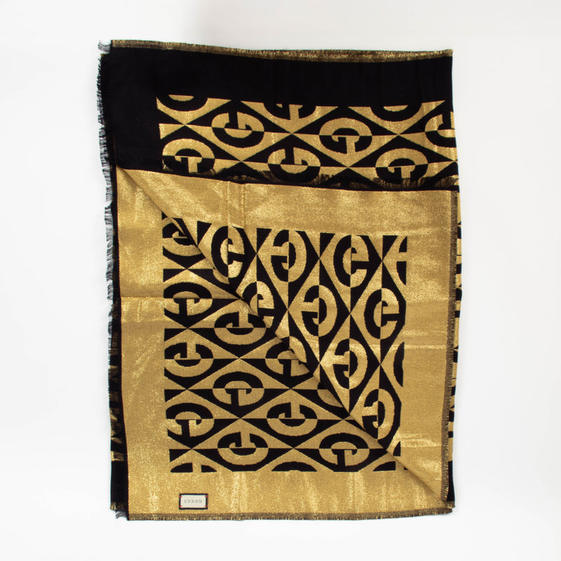 Gucci Black/Gold G Rhombus Lamé Wool Jacquard Stole Scarf