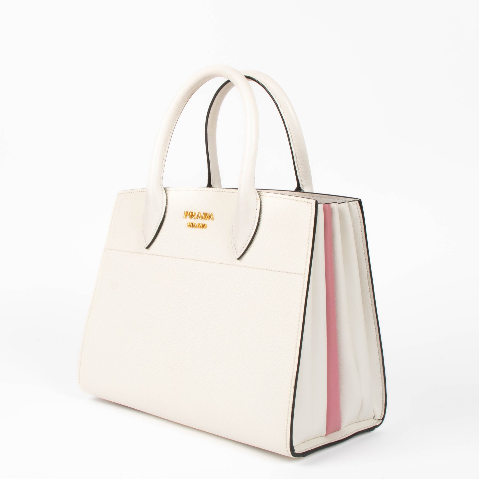 Shop this authentic Prada White/Pink Small Bibliothèque Tote pre-loved on Labellov.com 