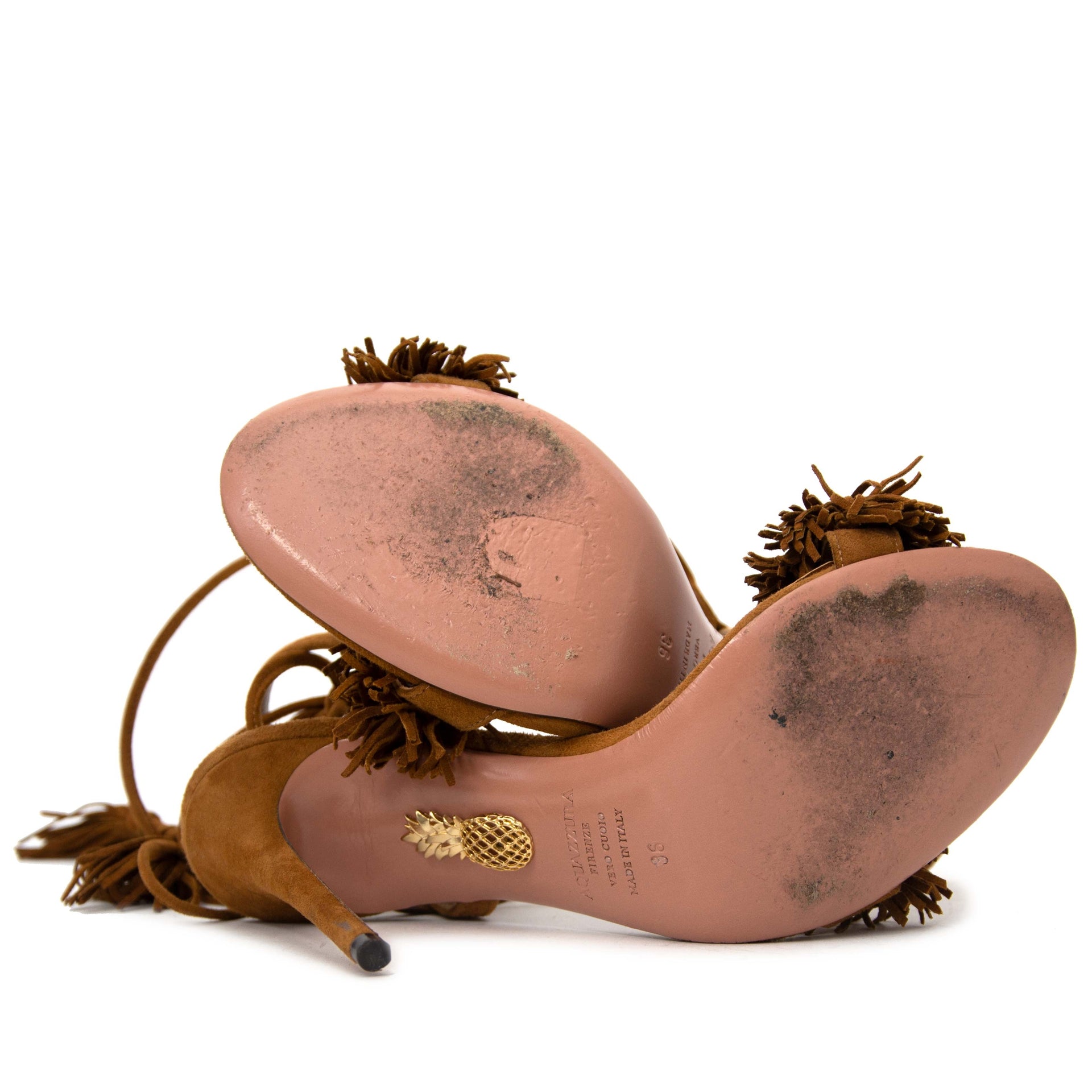 buy secondhand Aquazzura Wild Thing Cognac Suede Heels at Labellov, vintage webshop. Safe and secure shopping.
