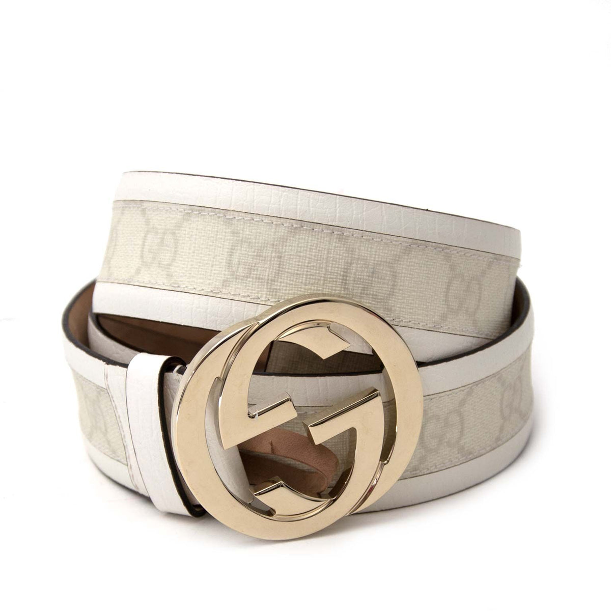White leather Gucci belt with monogram pattern – Labellov