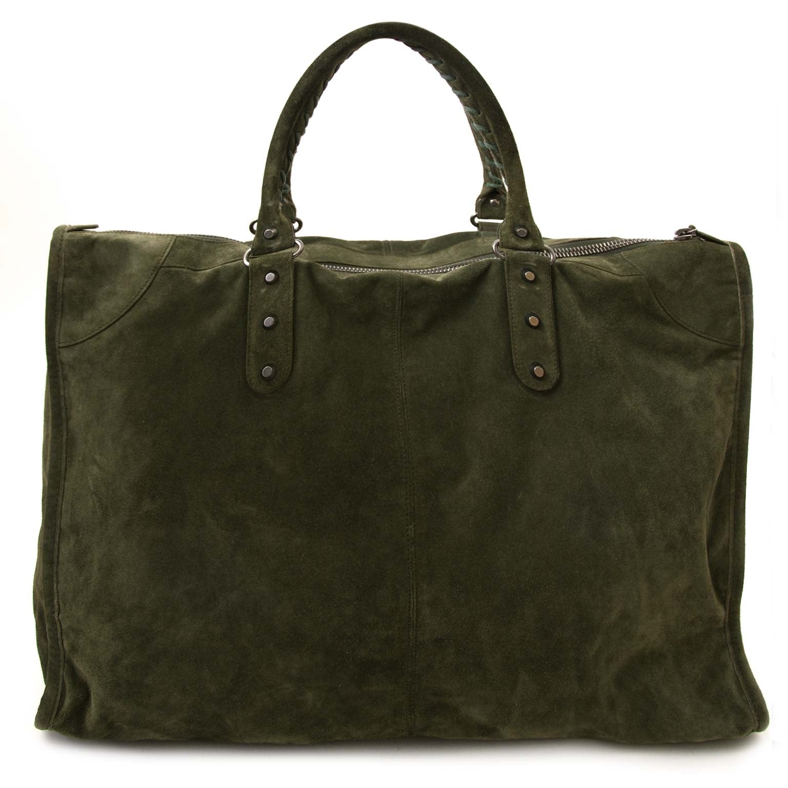 balenciaga khaki suede city weekender bag now for sale at labellov vintage fashion webshop belgium