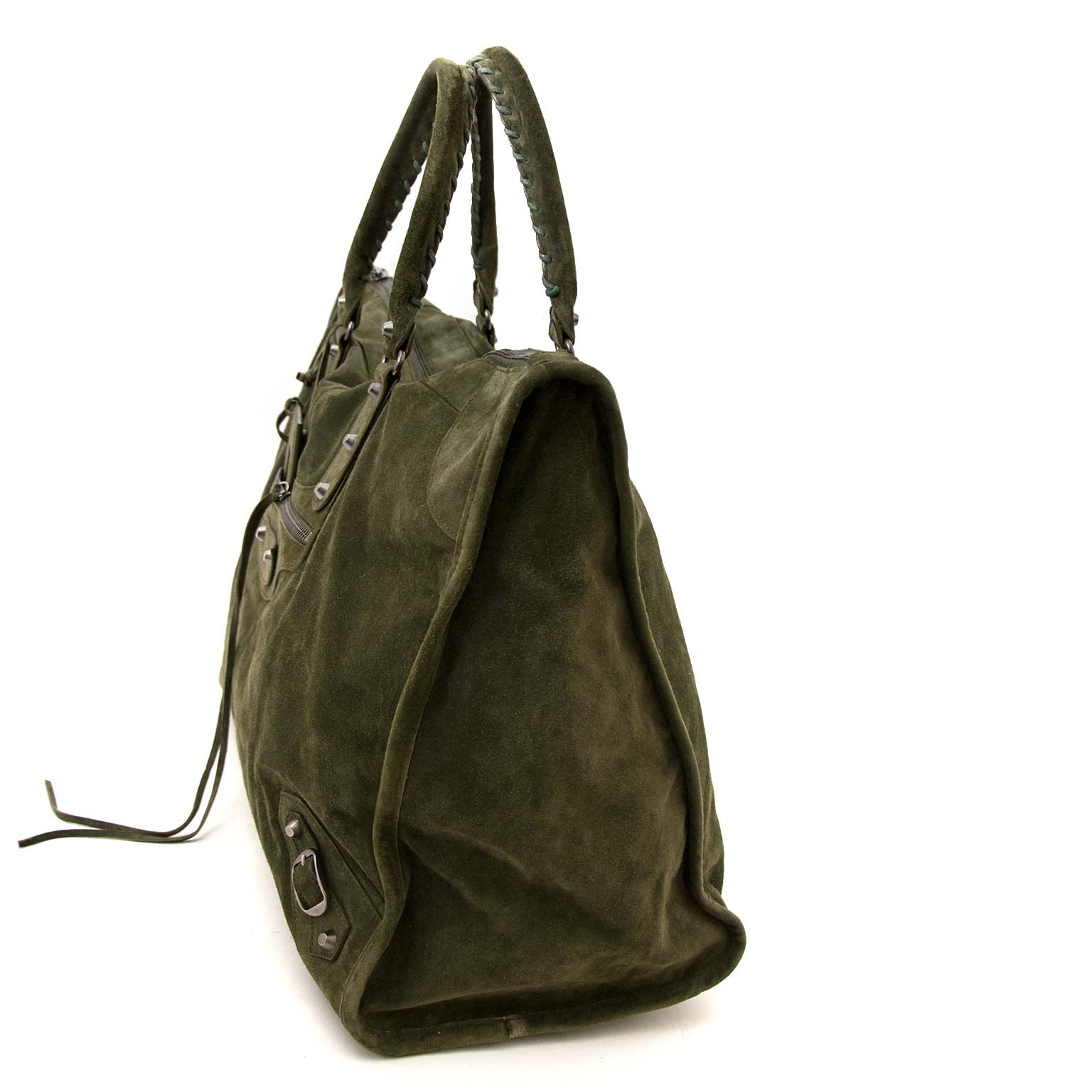 balenciaga khaki suede city weekender bag now for sale at labellov vintage fashion webshop belgium
