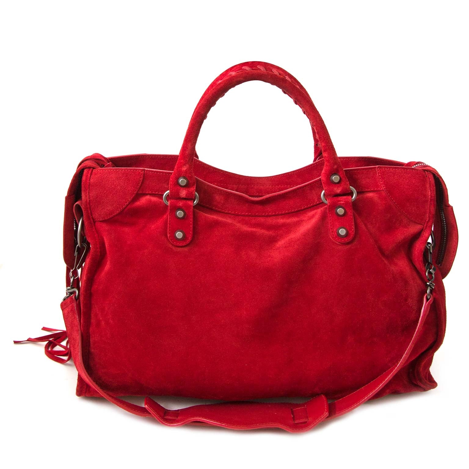 red suede Balenciaga city bag now for sale at labellov vintage fashion webshop antwerp belgium