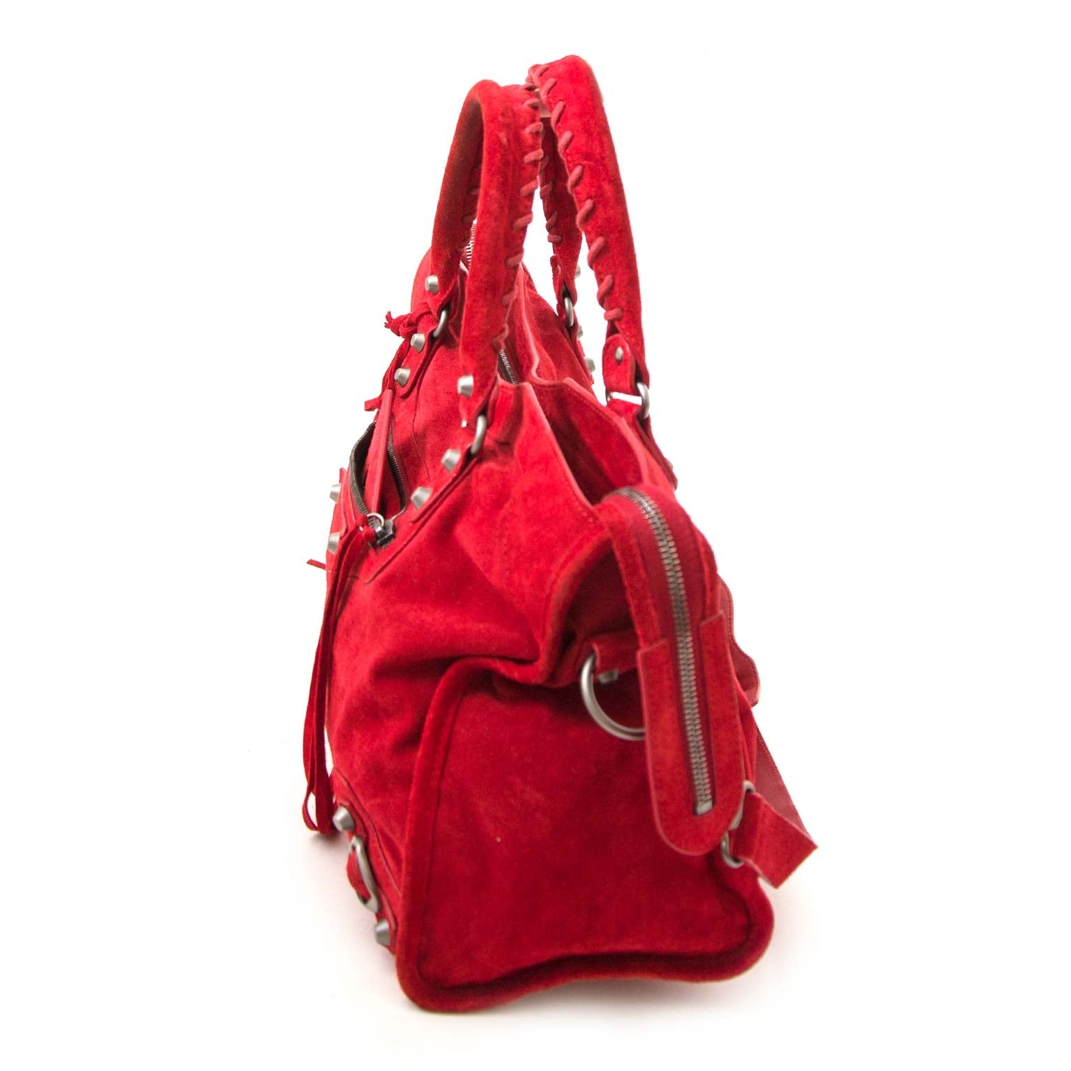 rode suede balenciaga city tas nu te koop bij labellov vintage mode webshop belgië antwerpen
