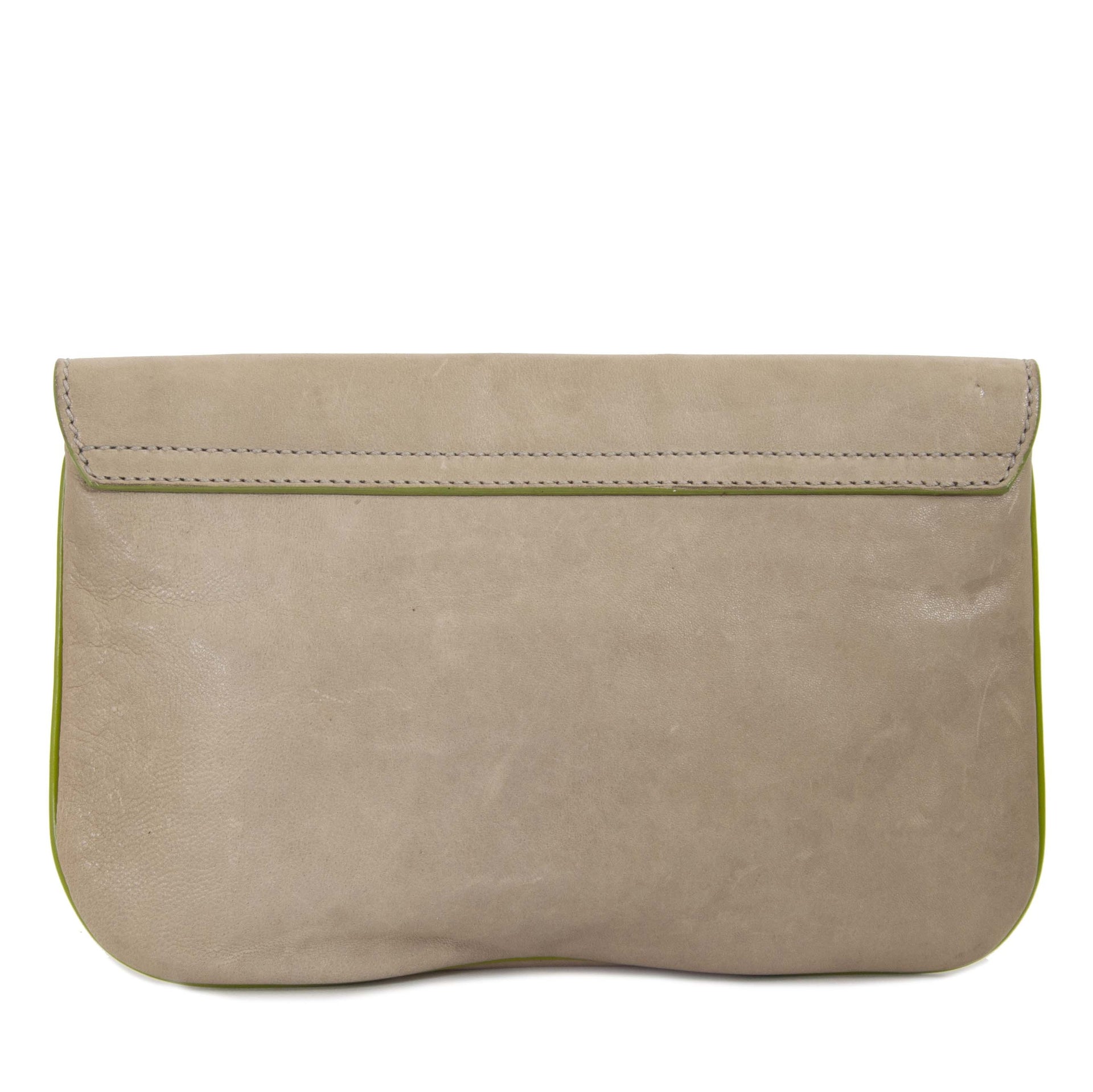 Balenciaga Beige And Green Leather Lune Clutch now for sale at labellov vintage fashion webshop belgium