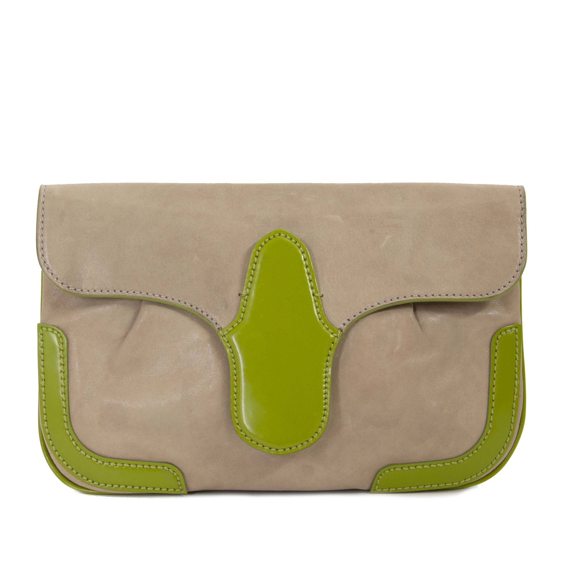 Balenciaga Beige And Green Leather Lune Clutch now for sale at labellov vintage fashion webshop belgium