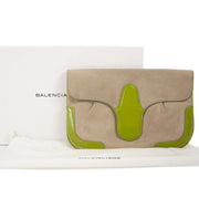 Balenciaga Beige And Green Leather Lune Clutch now for sale at labellov vintage fashion webshop belgium