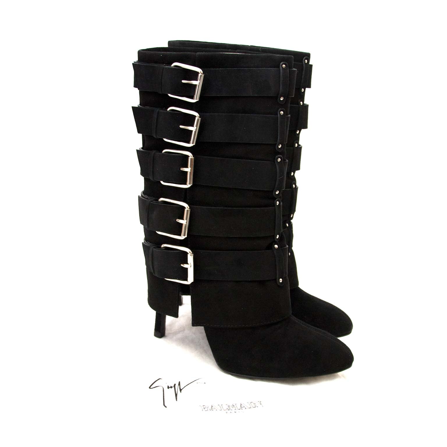 buy authenic Giuseppe Zanotti For Balmain Black Suede Buckle Boots - size 41 at labellov for the best price