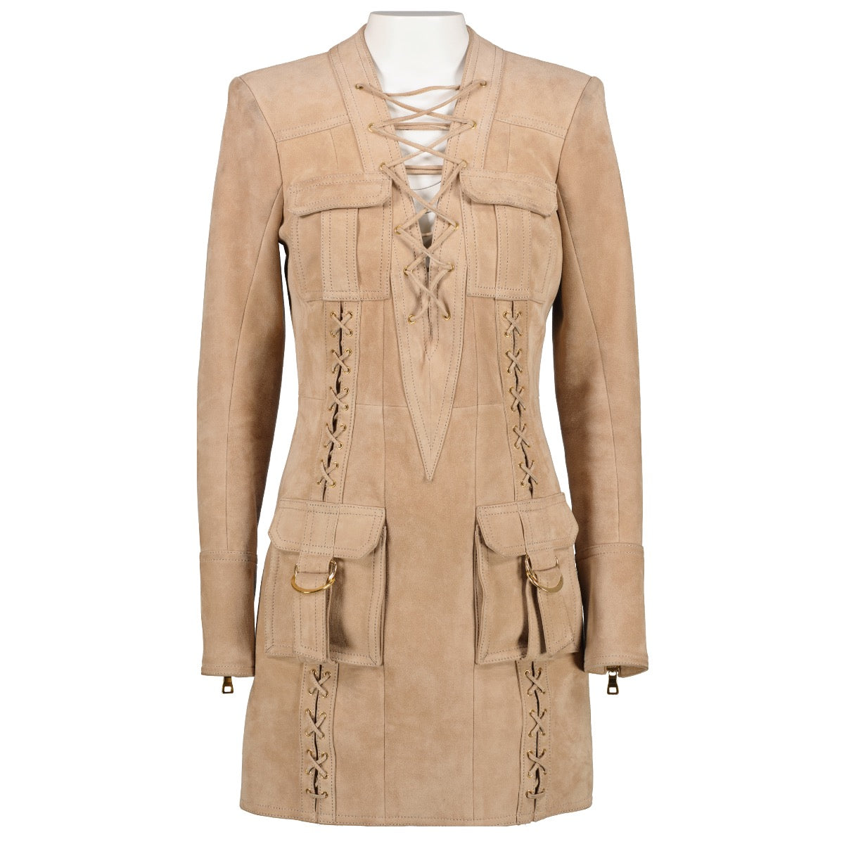 shop 100% second hand Balmain Beige Suède Lace Up Dress - Size 36 on Labellov.com