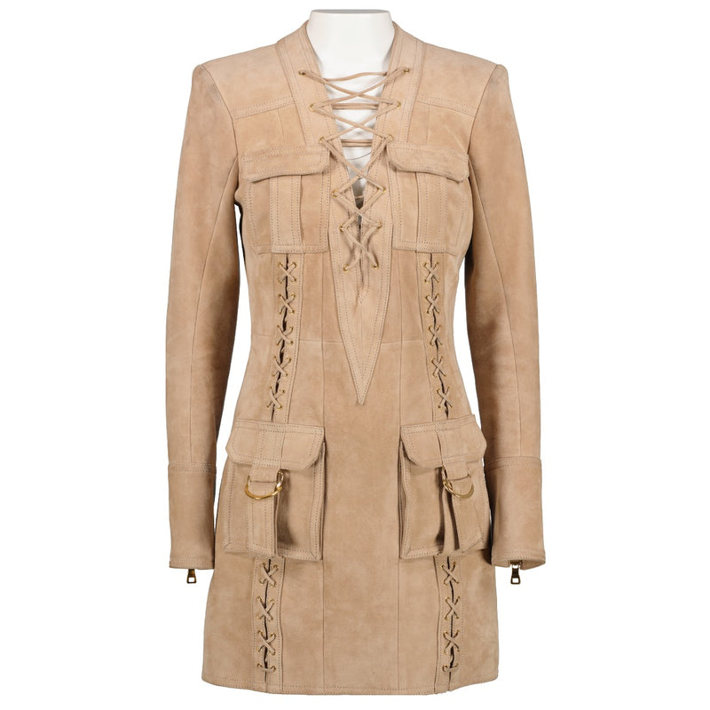 shop 100% second hand Balmain Beige Suède Lace Up Dress - Size 36 on Labellov.com