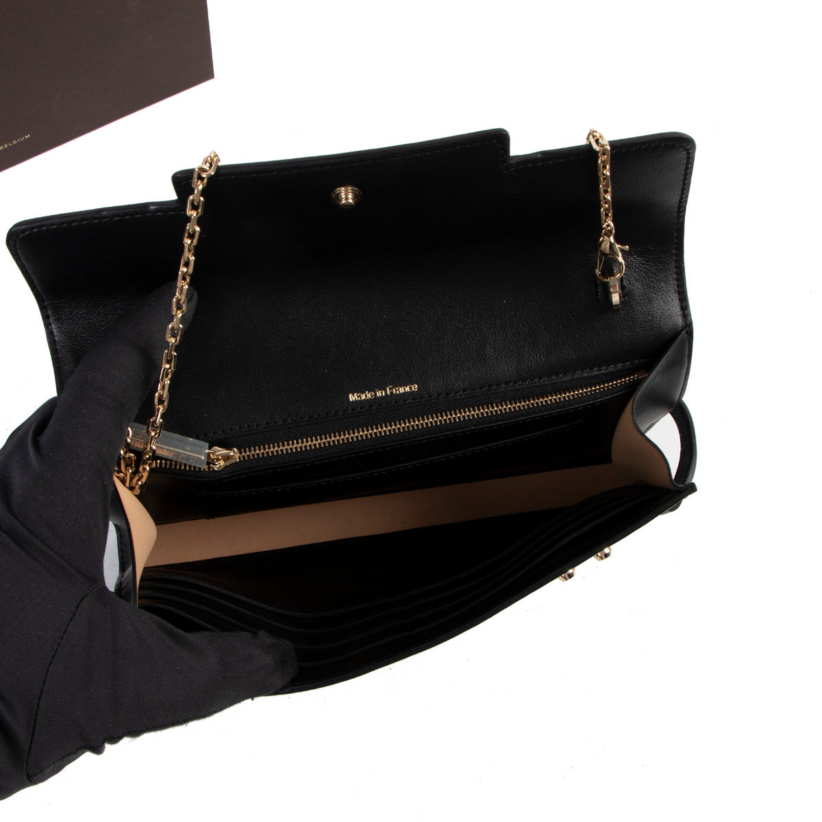 Delvaux Zwart Soepel Kalfsleer Tempête Clutch Portemonnee Aan Ketting
