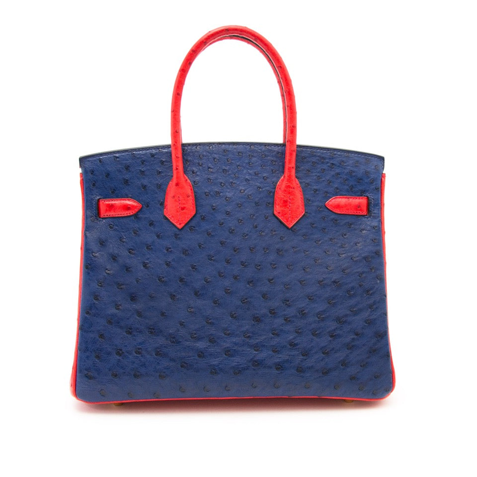 acheter en ligne seconde main sac a main comme neuf Hermes Birkin 30 autruche Rouge Exotique And Bleu Saffire