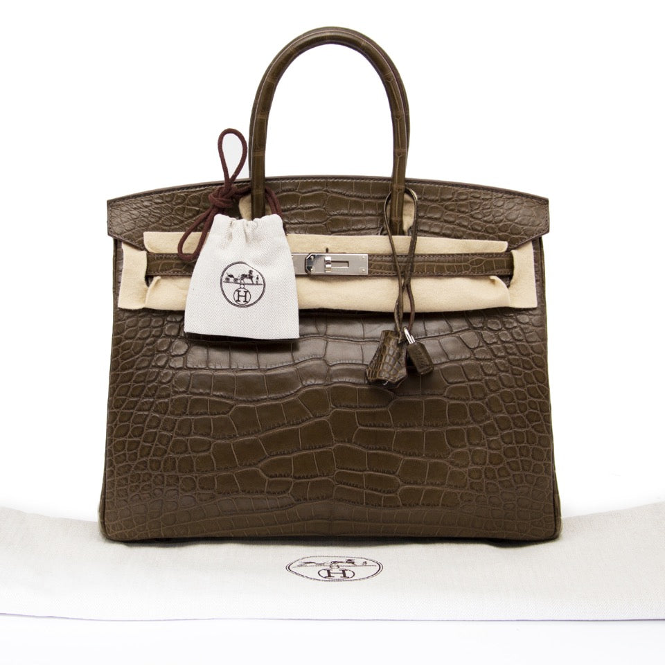 acheter en ligne seconde main sac a main comme neuf Hermes Birkin 35 Alligator Crocodile Matte Gris Elephant