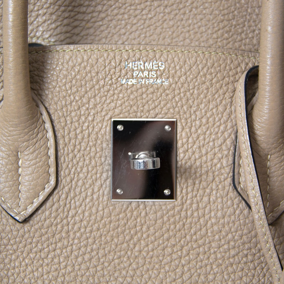 Hermes Birkin 35 grijs leder met zilveren details. Online bij Labellov.