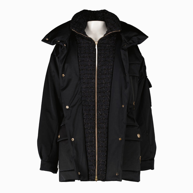 Chanel 22B Zwarte Gewatteerde Jas met Tweed Rand - Maat FR38